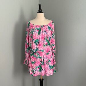 Lilly Pulitzer Lana Off-Shoulder Cotton Romper Pink Blossom Floral